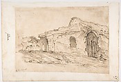 Ruins of the Roman Arena at Pozzuoli, Aniello Falcone (Italian, Naples 1607–1656 Naples), Pen and brown ink, brush and brown wash