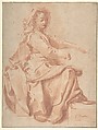 Seated Female Figure, Pietro Faccini (Italian, Bologna ca. 1562–1602 Bologna), Brush and red wash, over red chalk; framing lines in pen and brown ink