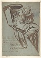 Project for the Decoration of a Spandrel: Winged Female Figure Holding a Tablet and a Crown, Paolo Farinati (Italian, Verona 1524–1606 Verona), Brush and brown wash, over black chalk, on blue paper