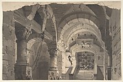 Design for a Stage Set of a Crypt (for the Opera 'La Morosina' ?), Carlo Ferrario (Italian, Milan 1833–1907), Brush and black wash over traces of graphite