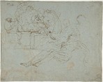 Lamentation over the Dead Christ at the Foot of the Cross (recto); Studies for the Burial of Christ (verso), Ferraù Fenzoni (Italian, Faenza 1562–1645 Faenza), Pen and brown ink, on blue paper