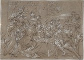 Achilles and the Daughters of Lycomedes, Gregorio de' Ferrari (Italian, Porto Maurizio 1647–1726 Genoa), Pen and brown ink, highlighted with white, over black chalk, on brownish paper