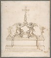 Design for an Altar with Kneeling Angels Supporting a Crucifix, Ciro Ferri (Italian, Rome 1634?–1689 Rome), Pen and brown ink, brush and brown wash, over black chalk