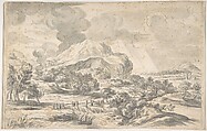 Landscape with Mountains in the Distance, Ciro Ferri Italian, Brush and gray wash, over traces of black chalk