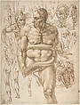 Nude Demon Encircled by a Serpent, after Michelangelo's Last Judgment; and Other Figure Studies (recto); Figure Studies (verso), Giovanni Ambrogio Figino (Italian, Milan 1548–1608 Milan), Pen and brown ink, brush and brown wash, over red chalk (recto); pen and brown ink, over red chalk (verso)