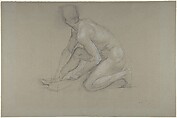 Crouching Nude Male Figure, Paul Baudry (French, 1828–1886), Black chalk, heightened with white, on gray paper