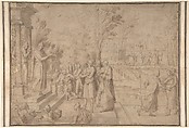 A Saint Addressing Figures from the Steps of a Temple, Antoine Caron (French, Beauvais 1521–1599 Paris), Pen and brown ink, brush and brown wash, heightened with white, over black chalk, on light brown paper
