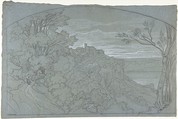 The Town and Lake of Nemi, Edouard Bertin (French, Paris 1797–1871 Paris), Graphite and black chalk, heightened with white on blue paper