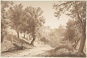 View of Ariccia, Jean-Achille Benouville (French, Paris 1815–1891 Paris), Brown wash over black chalk and graphite, heightened with watercolor