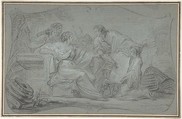 Semiramus Inspecting a Plan of Babylon, Jean Simon Berthélemy (French, Laon 1742–1811 Paris), Black and white chalk on blue-gray paper
