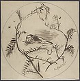 Design for a Plate Decorated with a Bird and Plant Motifs, Karl Bodmer (Swiss, Riesbach 1809–1893 Barbizon), Graphite, brush and brown wash; squared for transfer