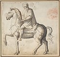 Man on Horseback, Study of a Man's Head (recto); Head of a Young Woman (verso), attributed to Marcello Fogolino (Italian, Vicenza 1483/88–after 1548 Trent), Pen and brown ink, brush and gray wash (the man on horseback), red chalk (the man's head at upper right) (recto); black chalk on blue-washed paper (verso)