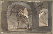 Design for a Stage Set: A Dungeon with High Vaults and a Staircase at Right., Domenico Fossati (Italian, Venice, 1743–1784), Pen and brown ink, brush and brown and gray wash over traces of graphite