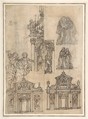 A Sheet of Studies with Architectural Motifs and Two Sketches for a Visitation (Recto). Sketch for a Funerary Monument (Verso), Giovanni Battista Foggini (Italian, Florence 1652–1725 Florence), Pen and brown ink, over black chalk (recto); black chalk (verso)