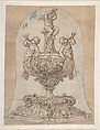 Design for a Vessel with Two Tritons Blowing Horns and a Winged Putto on Top, Attributed to Giovanni Battista Foggini (Italian, Florence 1652–1725 Florence), Pen and brown ink, brush and brown wash over traces of graphite