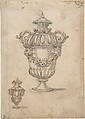 Two Designs for Vases (recto); Design for Candle Stick (?) (verso), Giovanni Battista Foggini (Italian, Florence 1652–1725 Florence), Pen and brown ink, brush and brown and gray wash, over traces of black chalk. Traces of a vertical black chalk line through the center of the design. Verso: graphite