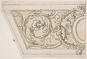 Left Side of a Panel Decorated with Acanthus Scrolls and an Oval Medallion, Giovanni Battista Foggini (Italian, Florence 1652–1725 Florence), Pen and brown ink, brush and brown wash, over traces of black chalk