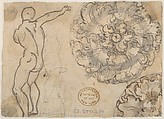 Designs for a Palmette Motif with Tendrils (recto); Studies for a Male Figure and Decorative Sculpture (verso), Giovanni Battista Foggini (Italian, Florence 1652–1725 Florence), Pen and brown ink, over graphite (recto); pen and brown ink, brush and gray wash, over graphite (verso)
