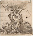 Design for the Base of a Vessel with Three Dolphins, Giovanni Battista Foggini (Italian, Florence 1652–1725 Florence), Pen and brown ink, brush and brown wash, over traces of black chalk