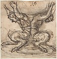 Design for the Base of a Vessel with Two Satyrs., Giovanni Battista Foggini (Italian, Florence 1652–1725 Florence), Pen and brown ink, brush and brown wash, over traces of black chalk
