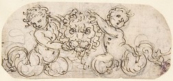 Design for a Lion's Head flanked by Satyrs, Attributed to Giovanni Battista Foggini (Italian, Florence 1652–1725 Florence), Pen and brown ink, over a preliminary drawing in black chalk