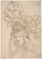 View in 3/4 of a Design for a Headpiece Decorated with a Shell and Large Plume, Giovanni Battista Foggini  Italian, Pen and brown ink, brush and light brown wash over black chalk