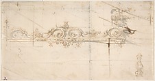 Design for the Crowning Decorations of a Gate (recto); Sketches of Stone Blocks with Measurements (verso), Attributed to Giovanni Battista Foggini (Italian, Florence 1652–1725 Florence), Pen and light brown ink, brush and gray wash, over traces of graphite (Recto). Pen and brown ink (Verso)