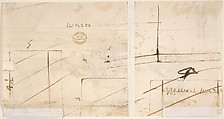 Design for the Crowning Decorations of a Gate (recto); Sketches of Stone Blocks with Measurements (verso), Attributed to Giovanni Battista Foggini (Italian, Florence 1652–1725 Florence), Pen and light brown ink, brush and gray wash, over graphite (recto); pen and brown ink (verso)