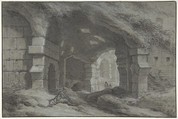 View Within the Colosseum, Rome, Charles Michel Ange Challe (French, Paris 1718–1778 Paris), Black chalk, heightened with white on gray-blue paper; framing lines in pen and brown ink. Verso: faint black chalk sketch of an arch