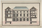Design for the Collège de France, Paris: Elevation of Court Front with Traverse Sections Through Side Court Wings, Jean François Chalgrin (French, Paris 1739–1811 Paris), Pen and black ink, gray, pink, blue and brown wash
