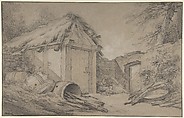 Farmyard, Charles Michel Ange Challe (French, Paris 1718–1778 Paris), Black and white chalk, gray wash, over a black chalk counterproof