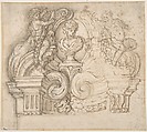 Design for an Overdoor or the Top of a Niche with a Bust and Garland-bearing Putti, Giovanni Battista Foggini (Italian, Florence 1652–1725 Florence), Pen and brown ink, brush and gray-brown wash, over traces of black chalk