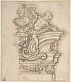 Design for the Right Half of an Overdoor Decoration with a Bust, Giovanni Battista Foggini (Italian, Florence 1652–1725 Florence), Pen and brown ink, brush and gray-brown wash. A vertical graphite line through the center of the design