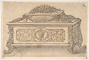 Design for an Casket heavily decorated Foliate Scrolls, Garlands and a Satyr Mask, Giovanni Battista Foggini (Italian, Florence 1652–1725 Florence), Pen and brown ink, brush and gray wash over traces of graphite