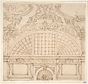 Design for the Upper Half of a Wall Elevation with a Semicircular Window, Giovanni Battista Foggini (Italian, Florence 1652–1725 Florence), Pen and brown and black ink, brush and brown wash, over traces of black chalk