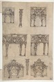 Designs for Archways and Baldachins with Caryatids and Coats of Arms (Recto). Design for a Monument with Statues of Prudence and Fortitude (Verso)., Giovanni Battista Foggini (Italian, Florence 1652–1725 Florence), Pen and brown ink, over traces of black chalk or graphite (recto and verso)