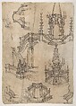 Designs for a Funerary Monument with Stairs (recto); Various Funerary Monument Designs (verso), Giovanni Battista Foggini (Italian, Florence 1652–1725 Florence), Pen and brown ink, brush and gray wash, over traces of graphite or black chalk (recto); pen and brown ink over traces of graphite (verso)