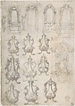 Studies for Coffee Urns, Arched-top Altars, and an Altar Project for the Baptistery of Florence Cathedral (Recto). Studies for Chapels and Portals (Verso)., Giovanni Battista Foggini (Italian, Florence 1652–1725 Florence), Pen and light brown ink, brush and gray wash over traces of black chalk (recto and verso)