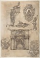 Studies for a Sculpture with Figures of Prudence, Industry and Economy Supported by Slaves and an Oval Plaque with Cartouche; Separate Study for a Cupola (Recto). Studies for Figural Ornament (Verso)., Giovanni Battista Foggini (Italian, Florence 1652–1725 Florence), Pen and brown ink, brush and gray wash, over traces of black chalk (recto and verso)