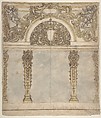 Design for an Alcove with a Coat of Arms Flanked by Putti Bearing a Crown, Supported by Pilasters with Human Heads in Capitals, Giovanni Battista Foggini (Italian, Florence 1652–1725 Florence), Pen and brown ink, brush and gray, brown-pink and yellow wash over traces of graphite; framing lines at lower edge in pen and brown ink