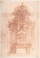 Design for a Catafalque (recto); Female Saint Kneeling on Clouds under an Arch, and a Design for the Pinnacle of the Catafalque (verso), Baldassarre Franceschini (il Volterrano) (Italian, Volterra 1611–1690 Florence), Red chalk