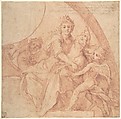 Allegorical Figure of Purity with a Unicorn and Two Putti (recto); Study of the Same Figures (verso), Baldassarre Franceschini (il Volterrano) (Italian, Volterra 1611–1690 Florence), Red chalk, brush and red wash, on beige paper (recto); faint red chalk sketches for the same group (verso)
