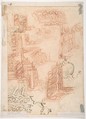Studies of Architectural Moldings, of the Virgin and Child with a Kneeling Saint, and of Two Angels Supporting Frames (recto); Studies for Architectural Mouldings (verso), Baldassarre Franceschini (il Volterrano) (Italian, Volterra 1611–1690 Florence), Pen and brown ink, red chalk, a little black chalk (recto); further studies of moldings in red chalk and pen and brown ink (verso)