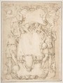 Drawing of Cartouche with Bearded Man Left, Young man crowned with Laurels Right, and Four Putti, Battista Franco (Italian, Venice ca. 1510–1561 Venice), Pen and brown ink