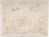 Figure Studies: Three Sketches of Cain Killing Abel, with an Altar of Sacrifice at Center, Two Standing Women, a Hand, and a Seated Child with a Squirrel, Battista Franco (Italian, Venice ca. 1510–1561 Venice), Pen and brown ink