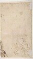 Half Figure of a Youth with Outstretched Left Arm and Bowed Head (recto); Two Women, One Holding a Vase, the Other a Book, and a Seated Man (verso), Battista Franco (Italian, Venice ca. 1510–1561 Venice), Red chalk (recto); pen and brown ink (verso) (the ink of this latter study has bled through at lower left of recto)