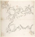 Design for a Ceiling Decoration with Putti and Garland Motifs., Attributed to Donato Giuseppe Frisoni (Italian, Laino near Como 1683–1735 Ludwigsburg), Pen and brown ink, over graphite or leadpoint with ruled and compass construction