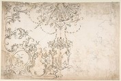 Design for One Half of a Ceiling with Elaborate Medaillons and Figures., Attributed to Donato Giuseppe Frisoni (Italian, Laino near Como 1683–1735 Ludwigsburg), Pen and brown ink over leadpoint or graphite