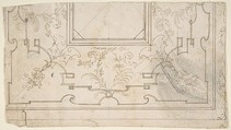 One Half Design for a Ceiling with Floral and Strapwork Motifs (recto); Slight Scribbles (verso)., Attributed to Workshop of Donato Giuseppe Frisoni (Italian, Laino near Como 1683–1735 Ludwigsburg), Pen and brown ink over leadpoint or graphite (recto); leadpoint or graphite (verso)