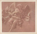 Putto and Angel Holding a Banderole, Antonio Franchi (Il Lucchese) (Italian, Villa Basilica near Lucca 1638–1709 Florence), Brush and pink and white tempera, over red chalk, on brownish paper